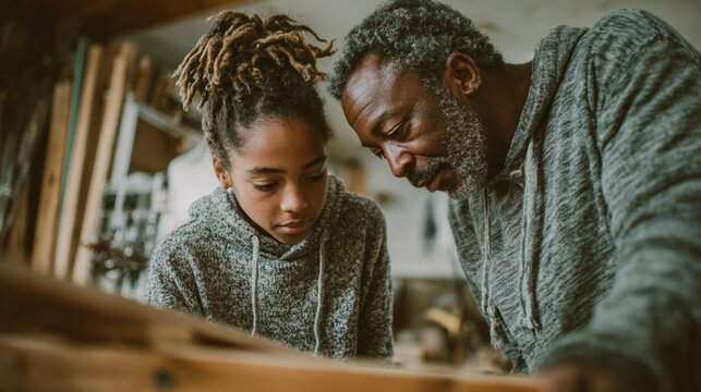 Grandfather teaches granddaughter woodworking skills in a cozy workshop during the afternoon