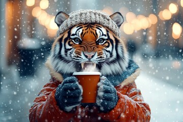 Happy cute adult animal tiger in winter warm clothes, holding hot beverage with rising steam in paws. Laughable animals. Zoo veterinary care. Winter wildlife awareness. Zoo winter event.