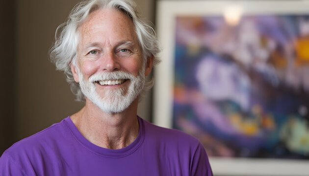 Smiling man wearing a purple shirt.