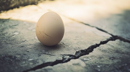 A cracked egg stands near a deep crevice in cracked concrete