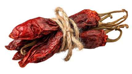 A bundle of vibrant red dried chili peppers tied with twine.