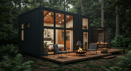 Shipping container house home, tiny house in sunny day. Shipping container houses is sustainable, eco-friendly living in the forest