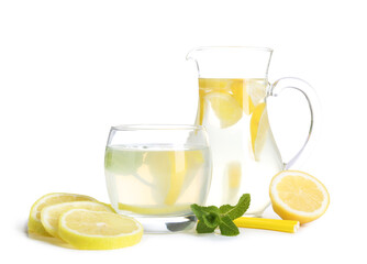 Jug and glass of fresh lemonade isolated on white background