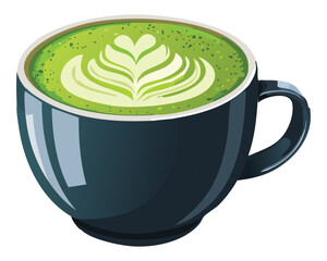 Beautiful Latte Art in Green Tea Cup - Vector Illustration