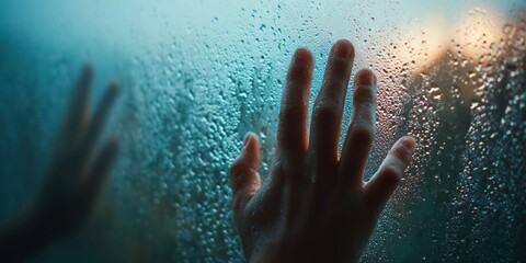 Fototapeta premium Moist handprint on a fogged window during a rainy evening at home, with warm light filtering through the glass