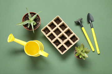 Seed tray with soil, potted plants and gardening tools on green background