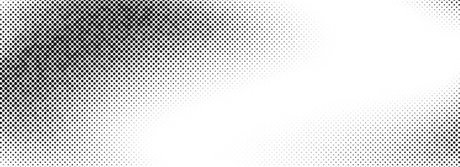 Grunge halftone gradient texture. Faded weathered grit noise texture. Black and white sand wallpaper. Retro pixelated backdrop. Anime or manga style comic overlay. Vector textured template surface