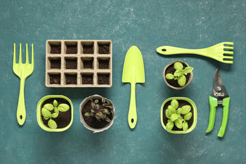 Composition with different gardening tools and potted basil on color background
