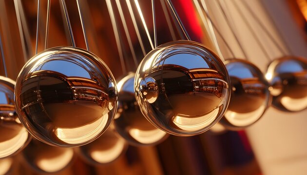 Close-up of polished metal spheres in a newton's cradle.