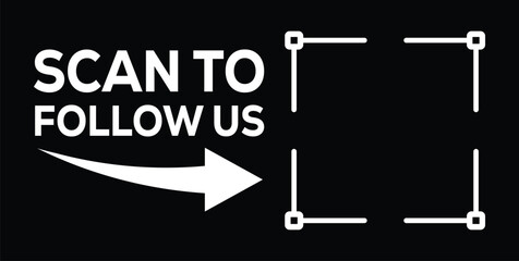 Minimalist black background. Left: black & white QR code. Overlaid large white text 