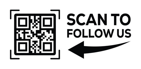 Minimalist black and white social media QR code graphic. Code framed in black square on left. Bold "SCAN TO FOLLOW US" text and curved arrow pointing left on right. Clean, modern design directs viewer