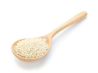 Sesame seeds in wooden spoon isolated on white