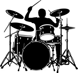 Drummer playing drums set silhouette vector illustration

