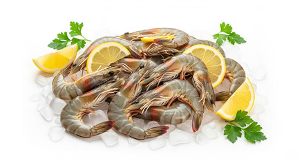 A pile of shrimp and lemons on ice