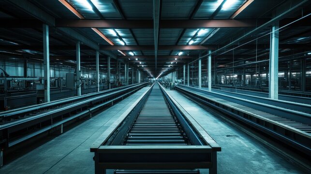 Long Empty Conveyor Belt Inside a Large Industrial Structure