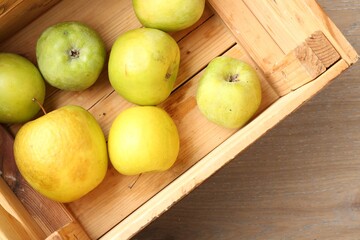 Damaged green apples in wooden crate on table, top view