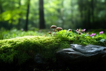 Obraz premium Green Moss And Mushrooms On Rock In Forest With Soft Lighting And Blurred Background