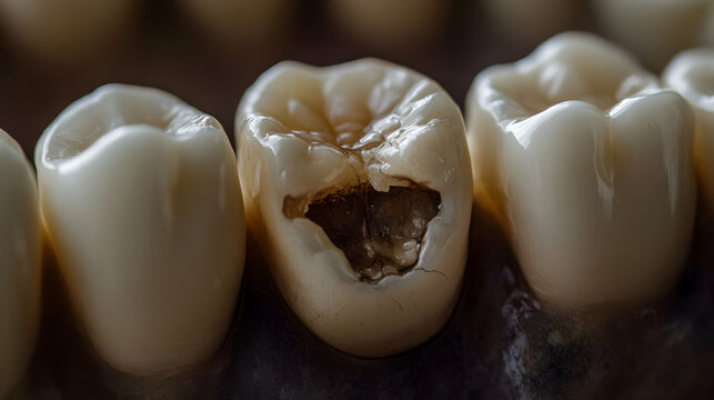 Close-up of damaged tooth with severe decay and cavity