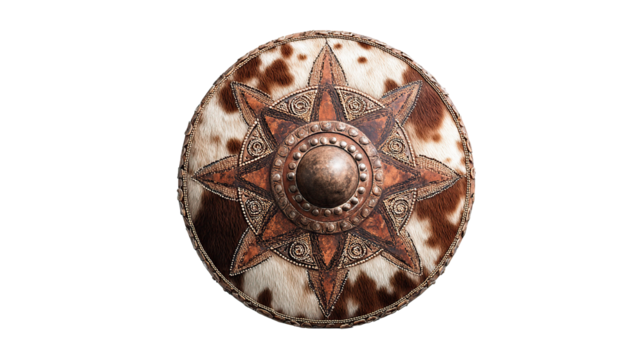 An intricately designed shield with fur and starburst detail