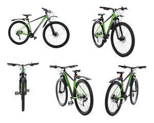 Color bicycle on white background, collage. View from different sides