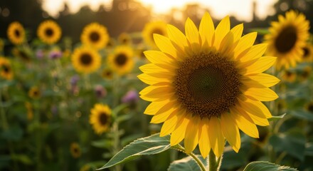 Fototapeta premium A Field of Sunflowers Underneath a Golden Sky