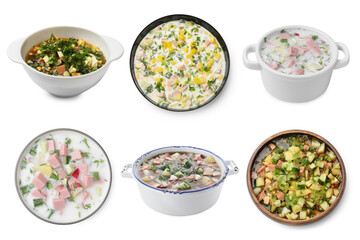 Cold soups in bowls isolated on white, set