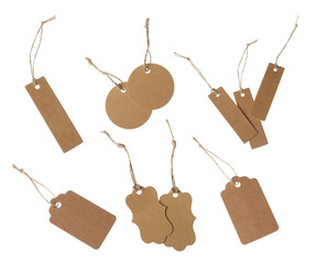 Many blank tags on white background, collage. Mockup for design