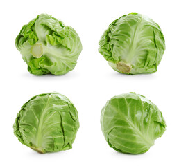 Fototapeta premium Fresh ripe cabbages on white background, collage