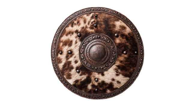 An antique shield with a detailed design and fur texture against a dark background.
