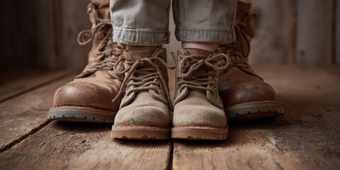 Family bond showcased through child and adult boots on wooden floor in cozy indoor setting