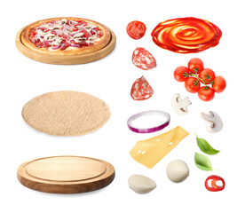 Delicious pizza and raw ingredients isolated on white, collage