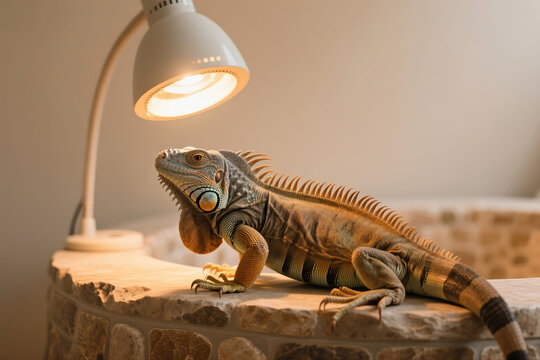 A lizard on a ledge with a lamp