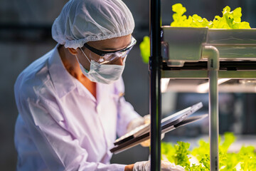 A scientist in a mask, goggles, and hairnet closely examines green plants in a lab setting. The...