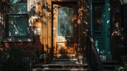 A detailed view of a wooden door with window and steps