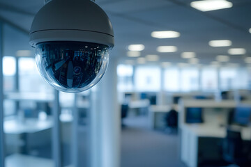 A modern surveillance dome camera is mounted on a white ceiling, providing security in an office environment with blurred office space.