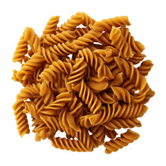 A close up shot showcasing a pile of uncooked fusilli pasta against a solid white background in studio light