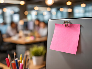 pink sticky note attached to office monitor 
