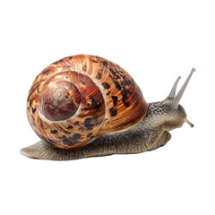 Close up of a snail with a patterned shell against a white background showing its antennae out front