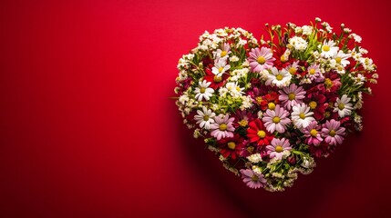 Obraz premium Heart shaped bouquet of colorful flowers on red background for valentine's day