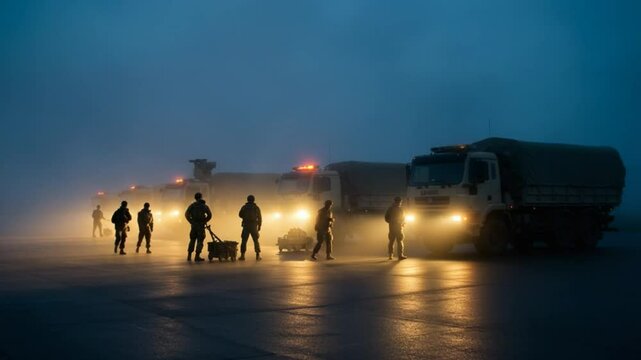 Military convoy deployment under the cloak of fog and dusk in preparation for operation