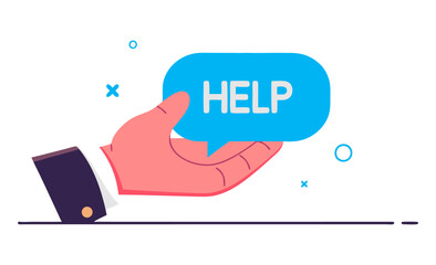 A hand extends with a speech bubble above it displaying the word "HELP."