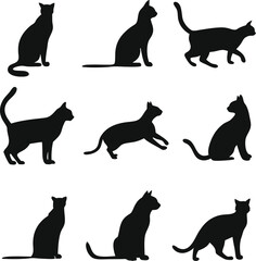 Cat Silhouettes Collection,  Various Black Feline Poses Vector Icons
