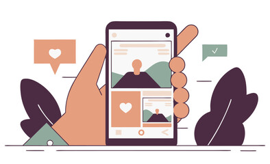 A hand holds a smartphone displaying a social media feed with images and engagement icons.