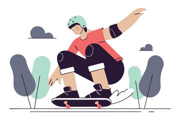 A person wearing protective gear skillfully rides a skateboard outdoors.