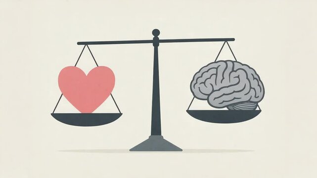 Emotional intelligence and support balance heart and brain on scale symbolizing harmony between feelings and rational thinking for inner balance
