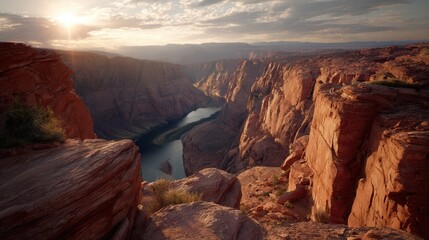 Majestic Sunset over Canyon River Breathtaking 8K High-Resolution Landscape Photography