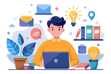 A person working on a laptop at a desk, surrounded by elements symbolizing online education, remote work, communication, and idea generation, including a lightbulb, books, messages, and a potted plant