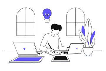 An illustration of a person working remotely, sketching ideas at a desk with two laptops, two tablets, a potted plant, and a glowing lightbulb, symbolizing creativity, productivity, or remote work.