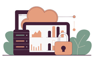 Data and cloud security, featuring a laptop, server, and a cloud computing icon, alongside a padlock and data visualizations, symbolizing secure data management and digital infrastructure.
