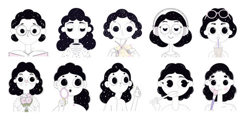 A collage of 10 black and white line-art cartoon illustrations featuring various hairstyles and accessories for women, symbolizing self-care, beauty routines, and everyday activities.